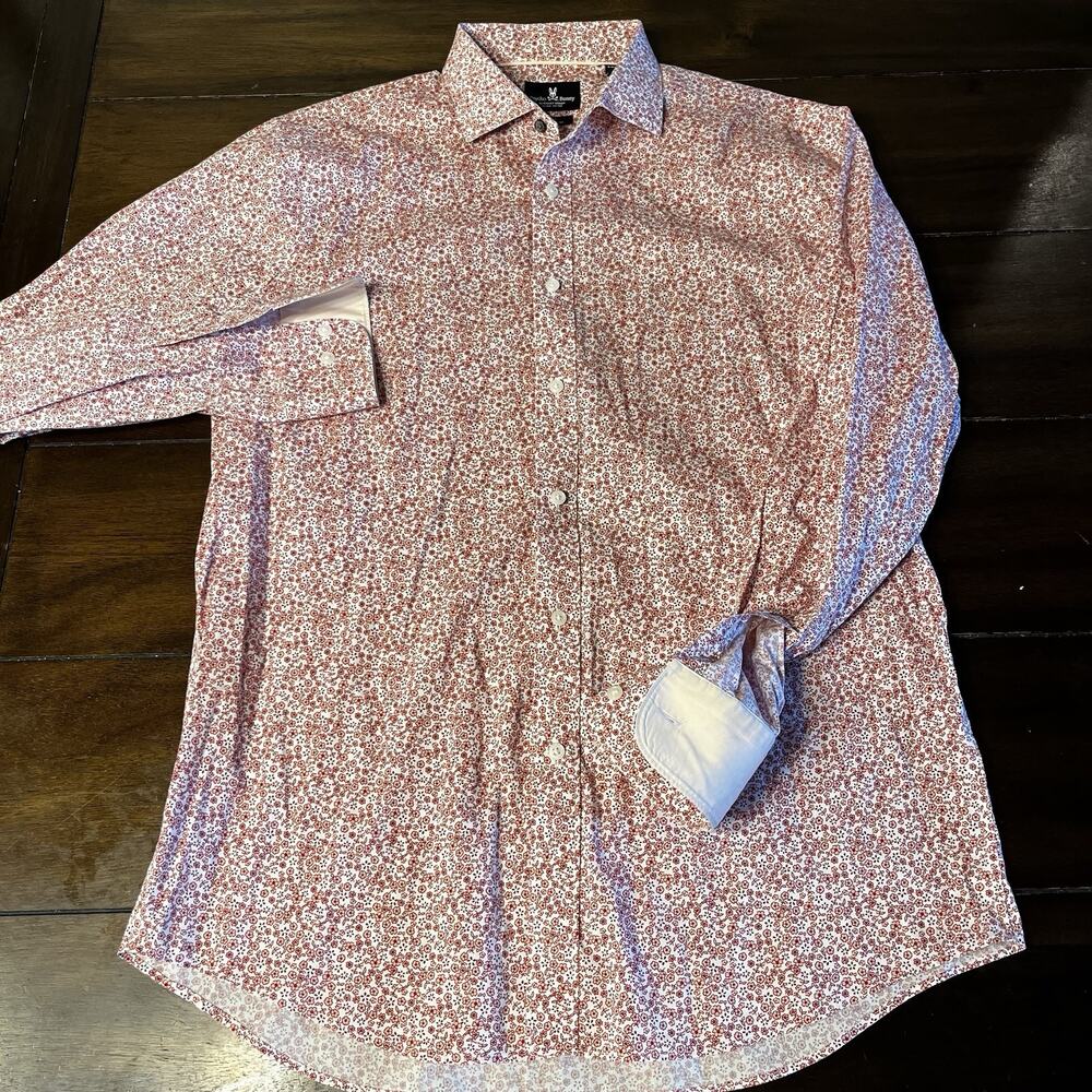 Psycho Bunny Floral Button Down Mens 16 34/35 Pink White Stretch Non-Iron